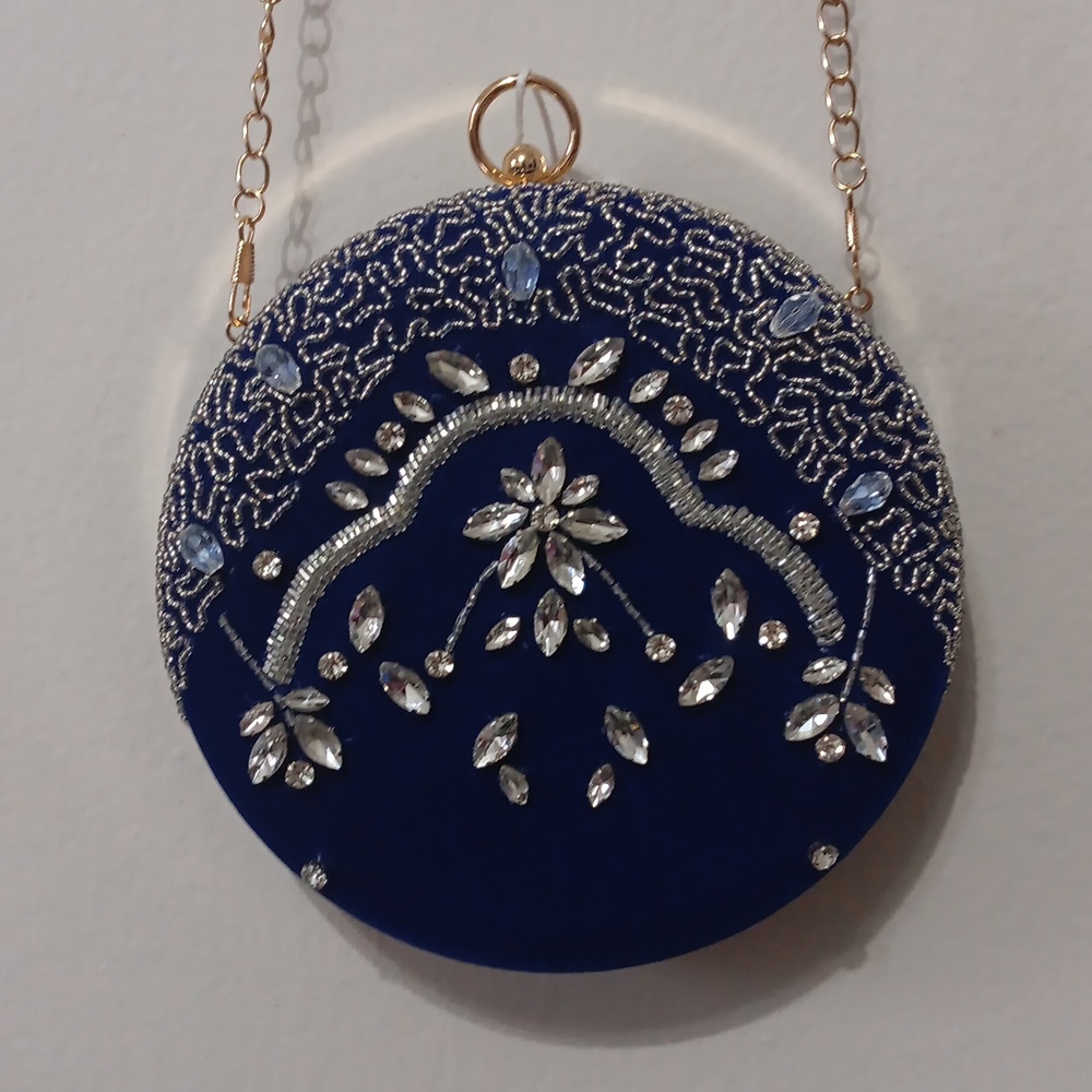 Blue Velvet Clutch with Crystal Accents